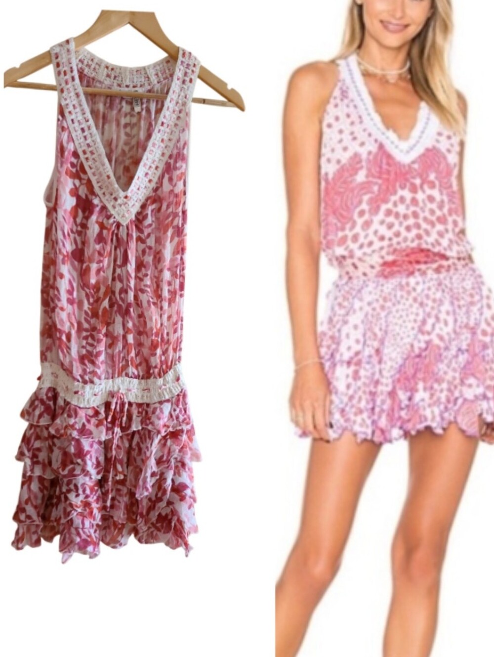 Poupette St Barth Belina Mini Dress Pink Red Botanical Pattern 100% Cotton